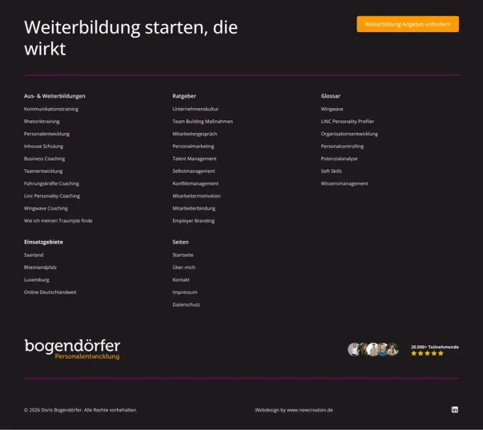 Webdesign-Referenz: bogendoerfer-personalentwicklung.de — dunkler Footer mit CTA