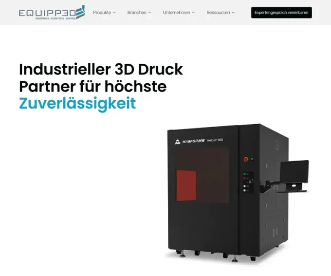 Webdesign-Referenz: equipp3d.de — Hero mit Typewriter-Headline und 3D-Drucker