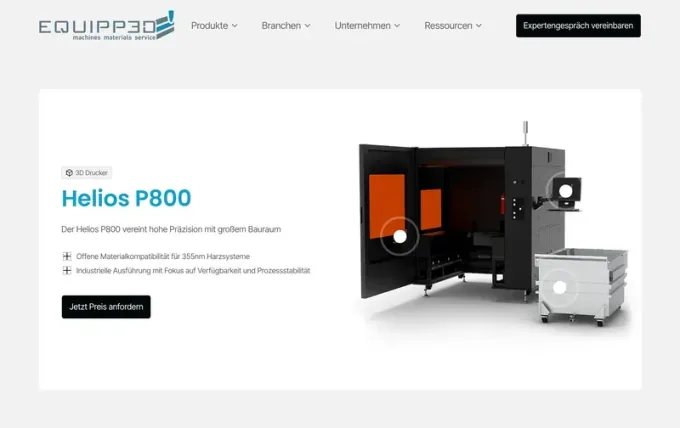Webdesign-Referenz: equipp3d.de — Produkt-Hero MAGFORMS Helios P800