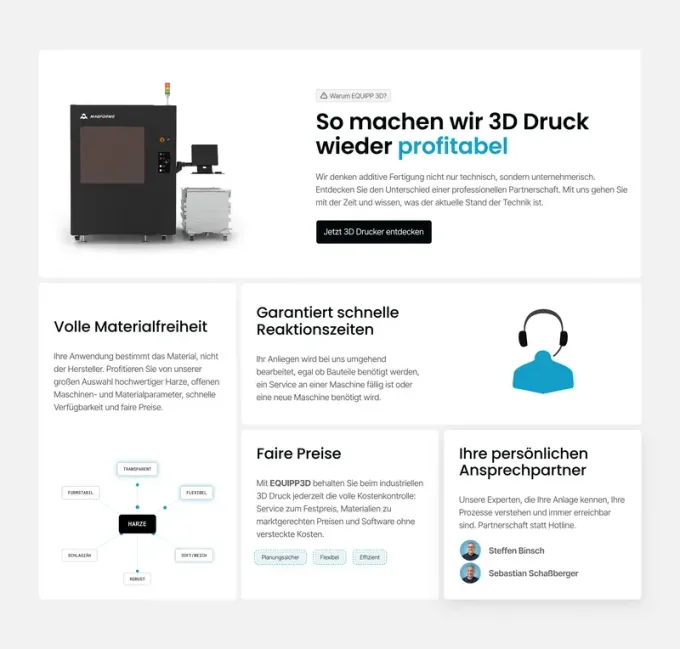Webdesign-Referenz: equipp3d.de — Bento-Karten-Section „So machen wir 3D-Druck wieder profitabel“