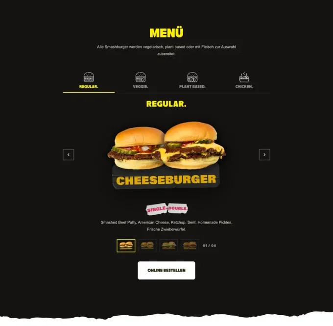 Webdesign-Referenz: Goldies — dunkle Menü-Section mit Tabs und Cheeseburger