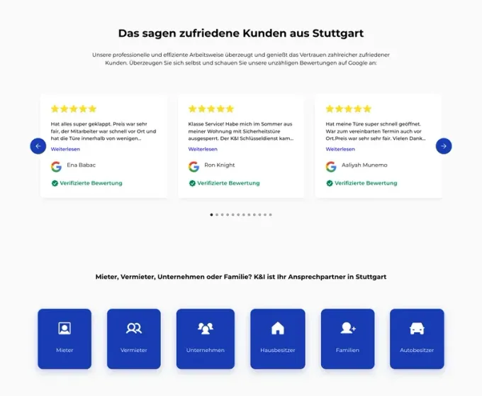 Webdesign-Referenz: ki-schluesseldienst.de — Google-Bewertungen und Zielgruppen-Kacheln