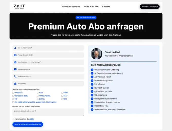 Webdesign-Referenz: zaht-mobility.de — Auto-Abo-Anfrageformular mit Ansprechpartner-Karte